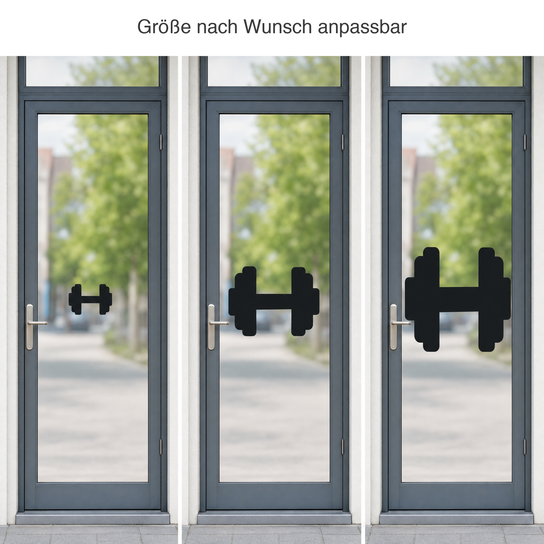 Groessenvergleich: dasselbe Logo in drei Groessen auf einer Glastuer, Groesse nach Wunsch anpassbar