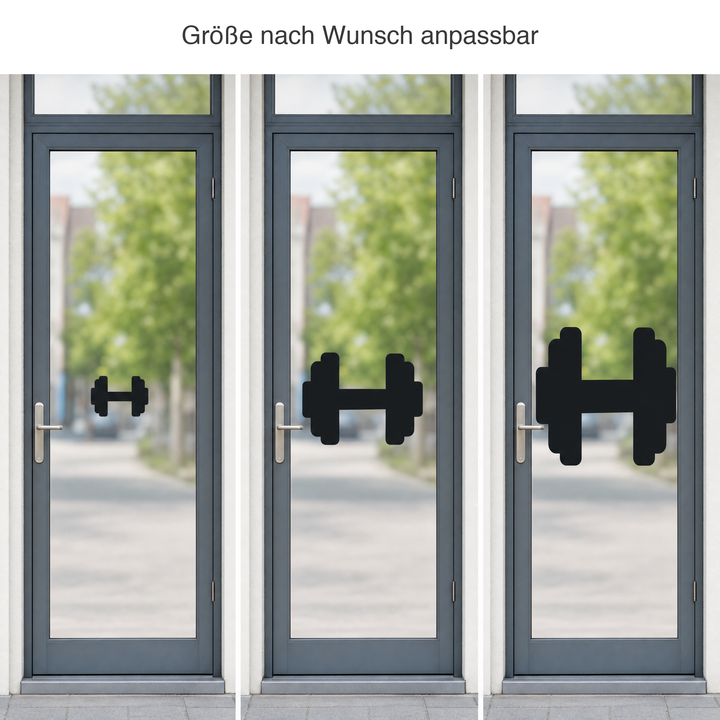 Groessenvergleich: dasselbe Logo in drei Groessen auf einer Glastuer, Groesse nach Wunsch anpassbar