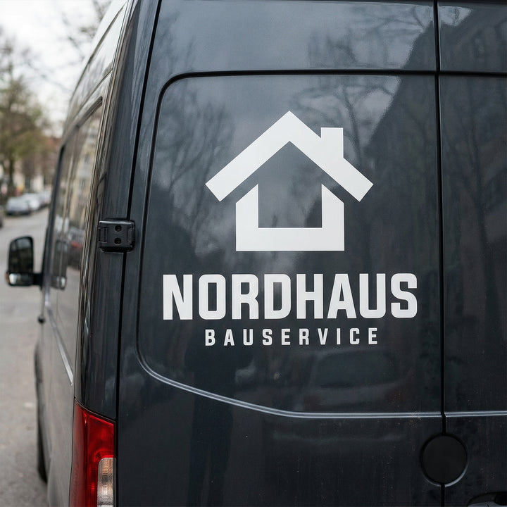 Bau-Logo als weisse Klebefolie auf einem dunklen Transporter